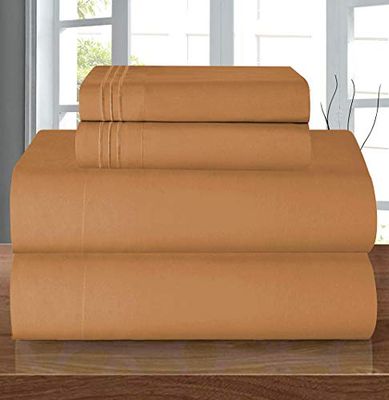 Elegant komfort lyx 1500 premium hotellkvalitet mikrofiber 4-delat lakanset – skrynkelbeständigt, elastiskt dra-på-lakan runt, djup ficka upp till 40 cm, California King, ljusbrun