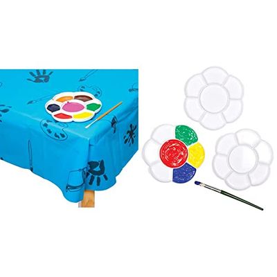 Baker Ross AC773 Tablecover, Blue, 150cm x 150cm & AF994 Flower Paint Plastic Palettes with 7 Wells for Painting and Children's Arts and Crafts Projects (Pack of 3), White, 17cm