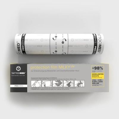 TattooMed Pellicola protettiva UV MILKY – 98% protezione UV e traspirante per pelle tatuata, rotolo (2 m x 20 cm)