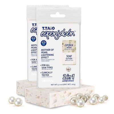 EsponJabón – Lot de 2 Éponges + Savon 2 en 1 à la Nacre – Illumine et Hydrate la Peau – Unisexe – Pour Tous Types de Peau – Produit Artisanal – (2 unités – 240g)