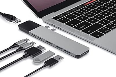 HyperDrive USB-C-hub, 6-i-2 aluminium duo typ C-adapter med Gigabit Ethernet, 100 W strömförsörjning, 40 Gb/s USBC, 2 USB-A 3.0, 4K HDMI, Thunderbolt 3 Dock för MacBook Pro 2020 2019, grå