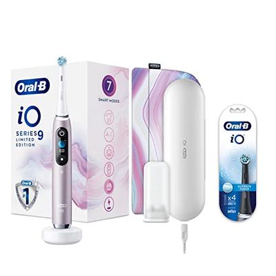 Oral-B iO 9 Cepillo de Dientes Eléctrico Rosa con Mango Recargable, Tecnología Magnética iO, 1 Cabezal de Recambio, Pantalla a Color y Estuche de Viaje + 4 Cabezales Blancos Ultimate Clean