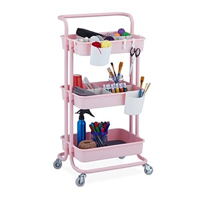 Relaxdays Carrito Auxiliar, 3 Niveles, Multiusos para Cocina y Oficina, Camarera 86 x 43 x 34 cm, Metal y Plástico, Rosa, Fieltro