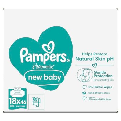 Pampers Harmonie New Baby vochtige doekjes, 18 verpakkingen met elk 46 vochtige doekjes = 828 vochtige doekjes, die helpen de natuurlijke pH-waarde van de huid te herstellen