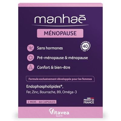 Vitavea Manhaé - Ménopause - Complément alimentaire ménopause sans hormones - Acide folique, Oméga 3, Zinc, Fer - 60 capsules - Violet - 2 mois - Fabriqué en France
