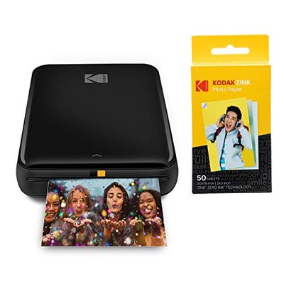 KODAK Step Impresora Móvil con tecnología Zink, Imprime Fotos Adhesivas Desde Cualquier Dispositivo con NFC, Bluetooth, Negro + Papel fotográfico Zink Premium de 2x3 Pulgadas, 50 Hojas