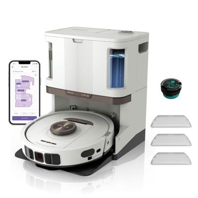 Shark PowerDetect Robot Vacuum and Mop with 60-Day Self-emptying and Cleaning Base - 3D LiDAR Navigation - Wi-Fi/App - 3 Anti-microbial Pads, 1 Odour Cartridge and 2 Brushes Incl. - White
