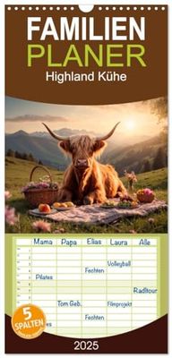 Familienplaner 2025 - Highland Kühe mit 5 Spalten (Wandkalender, 21 x 45 cm) CALVENDO: Highland Kühe in verschiedenen Landschaften und anmutigen Sonnenuntergängen