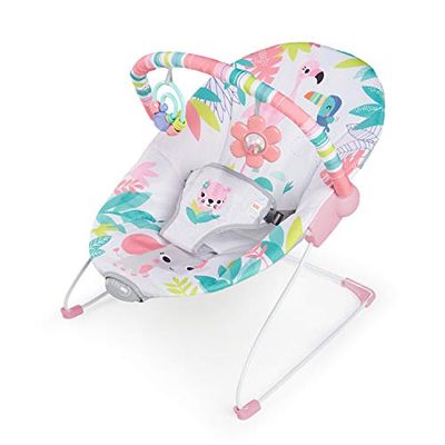 Bright Starts Transat Bébé Vibrations Apaisantes - Barre de Jouets Amovible, Pieds Antidérapants, 0-6 Mois Jusqu'à 9 kg (Flamingo Vibes, Rose)