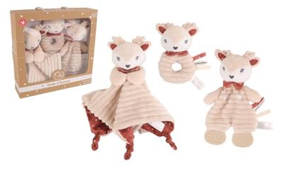 DODO D'AMOUR - Caja de Peluche Cuadrado, Sonajero y Palma para Masticar - Ciervo - 053062 - Colores Surtidos - Peluche - Nacimiento - Bebé - Reconfortante - Suave - Lavable - 29 x 22 cm - 0 Meses