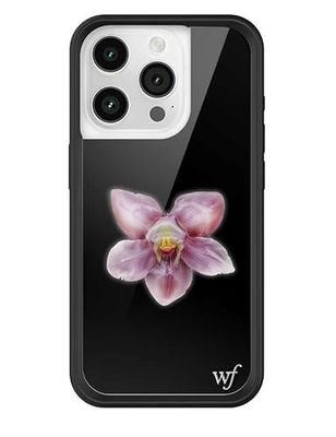 Wildflower Custodie - Orchidea, compatibile con Apple iPhone 15 Pro | Floreale, Nero, Viola, Minimalista, Carino, Alla Moda - Paraurti Protettivo Nero, Certificato Test di Caduta da 1,2 m, Donne di