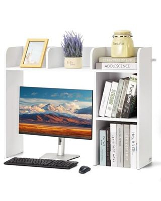VEVOR Desktop Boekenplank, 2-laags desktop opslag organizer, 94,5 x 24,1 x 73,4 cm kantoor opbergrek, houten displayplank, desktop boekenplank hok met anti-slip voetpads, voor kantoor, thuis en