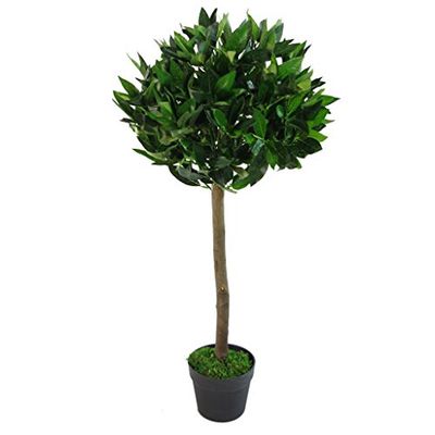 Leaf Bay Tree 7090-7089-7207-7209 Árvore de louro artificial, talo entrançado ou liso, em vaso de plástico preto, verde, 90 cm