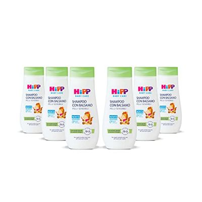 HiPP Baby Care Shampoo met balsem voor kinderen, ontwart het haar en beschermt de hoofdhuid, pH-waarde, voor de gevoelige huid, met natuurlijk biologisch amandelextract, 6 stuks à 200 ml