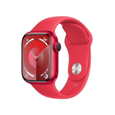 Apple Watch Series 9 (41 mm GPS) Smartwatch avec boîtier Aluminium et Bracelet Sport (Product) Red (S/M). Suivi de l’activité Physique, apps Oxygène sanguin et ECG, écran Retina Toujours activé