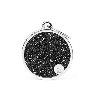 My Family Medaglietta per Cane Personalizzata Made in Italy, Cerchio Glitter Grande, Nero, Targhetta Cane con Incisione Gratis, Metallo, Collezione Shine, 32x37 mm