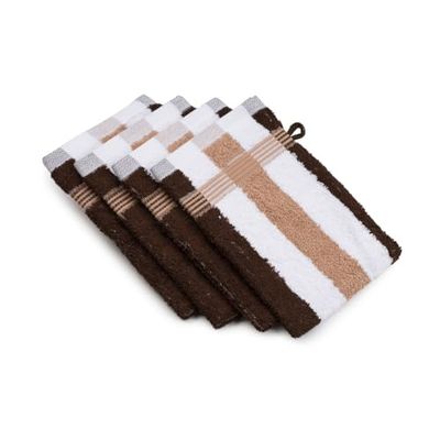 Gözze – New York bad/duschhandske/vante, set med 4, randig, mjuk och absorberande, 100% bomull, 17 x 24 cm – rödbrun/vit/mocka