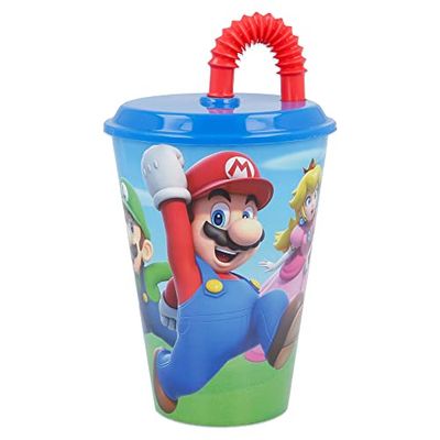Vaso Infantil Reutilizable con Tapa y Pajita de 430 ml de Super Mario