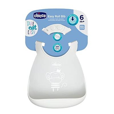 CHICCO Easy Roll slabbetje van zachte siliconen, praktisch, waterdicht, gemakkelijk te reinigen, verstelbare kraag, met grote zak, 6 maanden, grijs