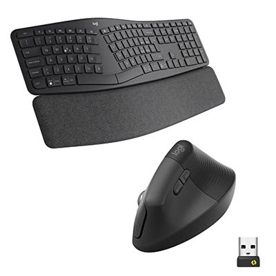 Logitech ERGO K860 Tastiera wireless split con supporto polsi e mouse ergonomico verticale Lift Left, per mancini, Bluetooth, USB, silenzioso, Windows/macOS/iPadOS, Laptop, PC, QWERTY IT - Grigio