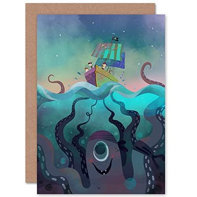 Wee Blue Coo Pirate Ship Octopus Greetings Card