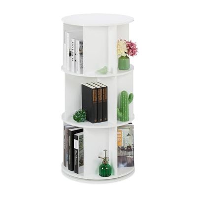 Relaxdays boekenkast roterend, 15 vakken, HxØ: 104 x 50 cm, 3 etages, draaibaar boekenrek, rond, draaikast, wit