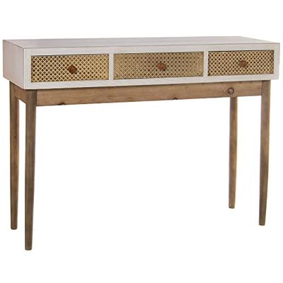DRW Tavolo da Ingresso con 3 cassetti in Legno e Vimini in Bianco e Naturale 107 x 35 x 81 cm, Grande