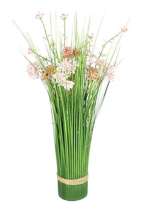 Kunstgras met bloemen, grasbundel, grasbos, decoratieve bundel, kunstbloemen, stagras, kunstplanten, kunstgras, grasbundel, groene plant, siergras, struiken, solitair gras, roze