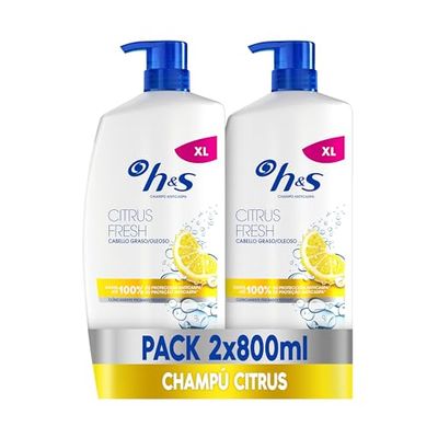H&S Citrus Fresh Champú Anticaspa Para Pelo Graso 2X800ml, Con Dispensador. Hasta 100% De Protección Anticaspa, Clínicamente Probado. Para Uso Diario