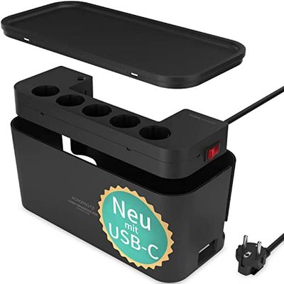 ACROPAQ Kabelbox met stekkerdoos, 5-voudig stopcontact, USB-C en USB-A snellader, 33 x 14 x 14 cm - voor het verbergen van de kabel, kabelorganizer, kabelmanagementbox, kabelbox zwart