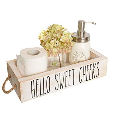 MAINEVENT Nice Butt Boîte de décoration de salle de bain, une boîte avec impression sur les 2 côtés - Décoration rustique pour toilette/salle de bain - Boîte de toilette Hello Sweet Cheeks - Blanc
