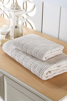 Questo Casa Bath Towel Set, 2 Pieces Set, 100% Cotton 20/2 Carded Jacquard Velour 450 gsm, 50x90 Cm (1 Piece), 90x150 Cm (1 Piece), Beige