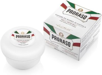 Proraso Jabón afeitar con jabonera incluida, 150 ml, jabón barba refrescante y calmante, jabón facial cremoso enriquecido con té verde y avena, blanco