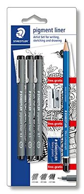 STAEDTLER 308 SBK3P Pigment Liner Fineliner Pen - Assorted Fineliners, HB Pencil, Sharpener & Eraser (Blistercard of 6 Pieces)
