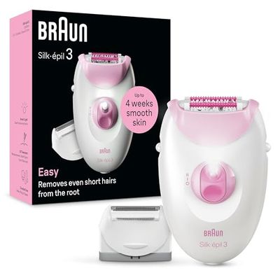 Braun Silk-épil 3 Epilatore Elettrico Donna Con Cavo Per Epilazione, Pelle Liscia Per Settimane, Con Testina Per Rasoio Donna e Cappuccio Rifinitore, 3-031, Rosa