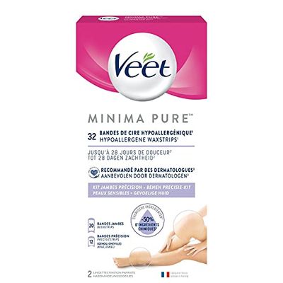 VEET PURE - Set di 32 strisce di cera fredda di precisione per gamba, ginocchio e caviglia, per pelli sensibili, consigliate dai dermatologi - Epilazione a lunga durata