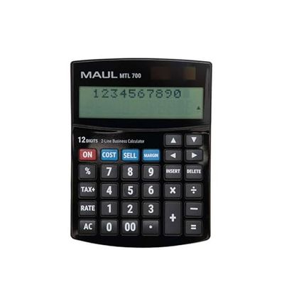 MAUL Calcolatrice commerciale MTL 700 | Calcolatrice con funzioni commerciali | Display a 12 cifre con 2 righe | Con funzione margine di profitto | Solare/batteria | Nero