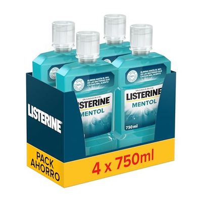 Listerine Mentol Enjuague bucal con flúor, colutorio bucal con 24 horas de protección, elixir bucal mentolado para un aliento fresco duradero, pack de 4 x 750 ml