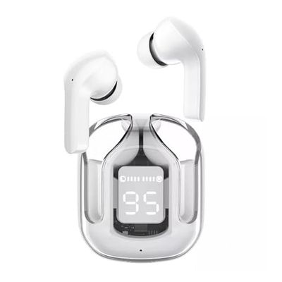 Witte draadloze hoofdtelefoon met kussen, transparant etui, oplader, digitaal display