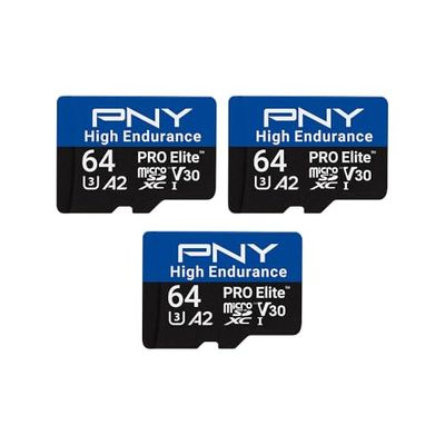 PNY Carte mémoire microSDXC 3x64Go Pro Elite™ High Endurance C10 U3 V30 A2 – Jusqu'à 100 Mo/s en Lecture, 4K UHD, Full HD, UHS-I, Surveillance, Enregistrement continu, caméra embarquée