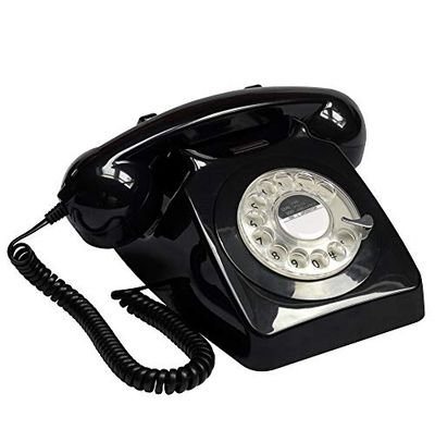 GPO 746 Téléphone fixe rétro de style années 1970 à cadran rotatif - Cordon extansible, sonnerie authentique - noir