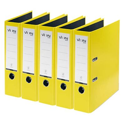 VON Leitz 10551015 - Archivadores A4, cartón con tapa de plástico, ancho de lomo de 80 mm, para 600 hojas, cartón con certificado FSC, para escuela, estudio y hogar, color amarillo