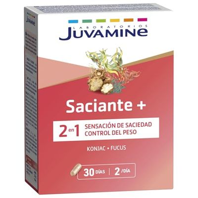 JUVAMINE - Saciante + - Konjac - Fucus - 2 en 1 - Sensación de Saciedad - Control del Peso - Glucomanano - Programa de 30 días - 60 cápsulas - 2 cápsulas al día