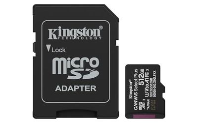 Kingston Canvas Select Plus microSD Memory Card 512GB microSDXC Gen3 150MB/s A1 Card + Adapter - SDCS3/512GB
