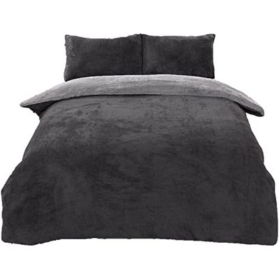 Brentfords Set di biancheria da letto reversibile con copripiumino e federa in pile Sherpa, morbidissimo, caldo, caldo, morbido, antracite, grigio argento, matrimoniale