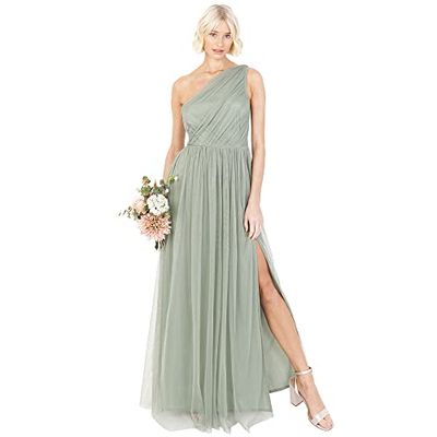 Anaya with Love Women's Womens Ladies Maxi One Cold Shoulder Slit Split Sleeveless Prom Wedding Guest Bridesmaid Dress, Forest Green, 16 UK