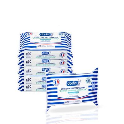 DODIE Lot de 6 Paquets de Lingettes Nettoyantes 3 en 1 (6x20) FORMAT POCKET – Visage, Corps et Siège – Dermo-apaisantes, douces et résistantes - Fibres d’origine végétale - Dès la naissance