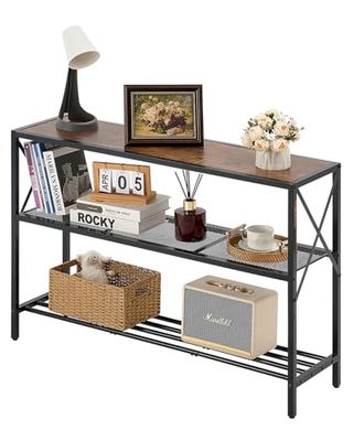 VEVOR Table Console étroite pour canapé, 106 x 29,5 x 73,5 cm, Table d'entrée Longue à 3 Niveaux, Console Meuble avec Cadre en métal, pour Couloir, Salon, Bureau et Chambre à Coucher, Marron et Noir