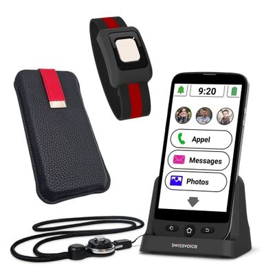 swissvoice - Smartphone S510-C + Pulsera SOS + Funda Protectora + Base de Carga + Cadena para teléfono móvil - Botones Grandes - Botón SOS con localización GPS - Smartphone Senior 4G - Negro/Rojo