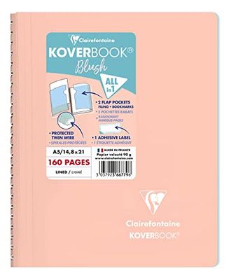 Clairefontaine 366779C Un quaderno a spirale Koverbook Blush Corail - A5 14, 8x21 cm - 160 pagine a righe, es - Carta bianca 90 g - copertina in polipropilene avvolgente